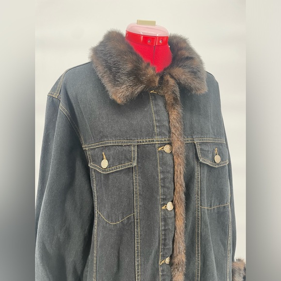 Dennis Basso (Faux) Fur Trimmed Dark Wash Denim Jacket Plus Size - Picture 12 of 16